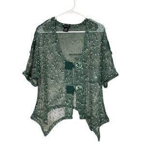 Katie Todd net fabric top in speckled forest green,white and black color.